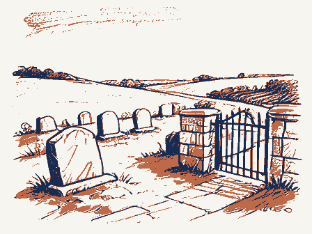 Decorative drawing: a hillside burying ground with slate headstones and an iron gate. Not a photograph of this place.