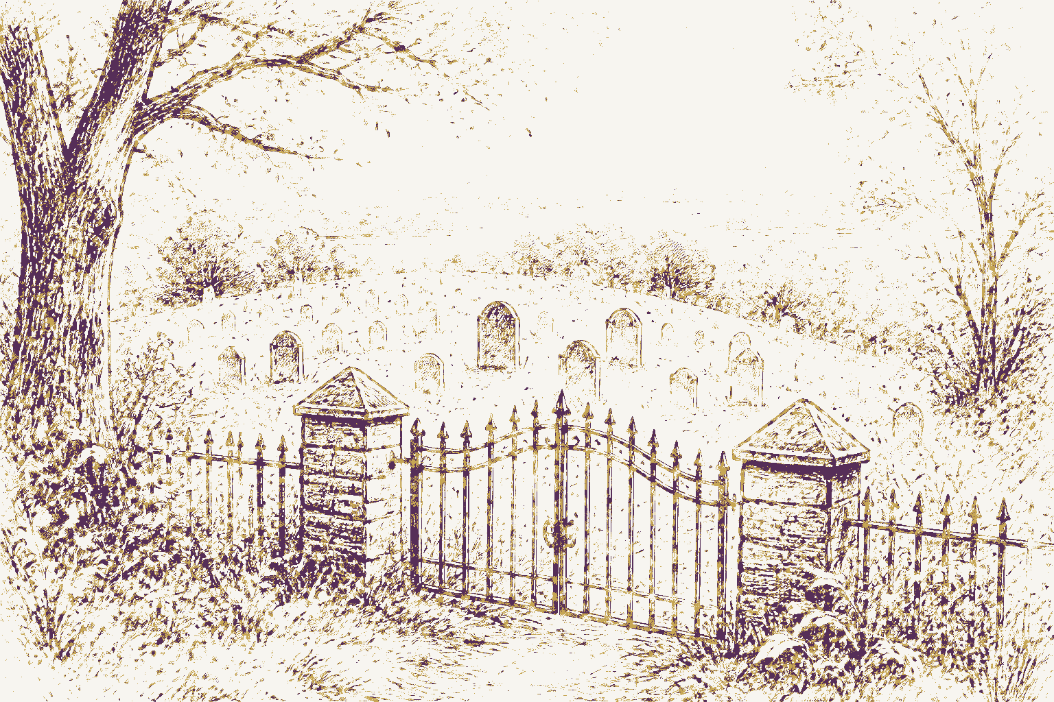 Decorative drawing: a hillside burying ground with slate headstones and an iron gate. Not a photograph of this place.