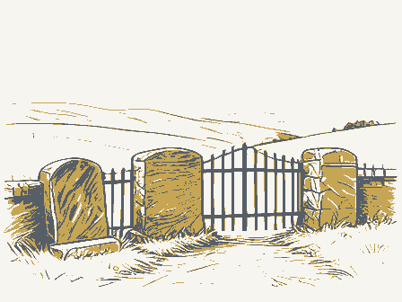 Decorative drawing: a hillside burying ground with slate headstones and an iron gate. Not a photograph of this place.