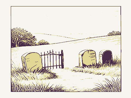 Decorative drawing: a hillside burying ground with slate headstones and an iron gate. Not a photograph of this place.