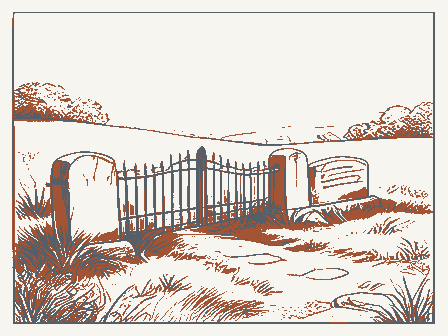 Decorative drawing: a hillside burying ground with slate headstones and an iron gate. Not a photograph of this place.