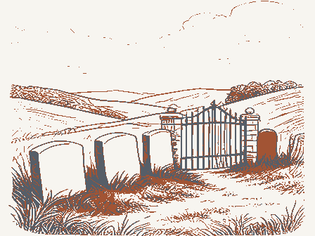 Decorative drawing: a hillside burying ground with slate headstones and an iron gate. Not a photograph of this place.