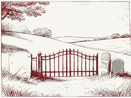 Decorative drawing: a hillside burying ground with slate headstones and an iron gate. Not a photograph of this place.