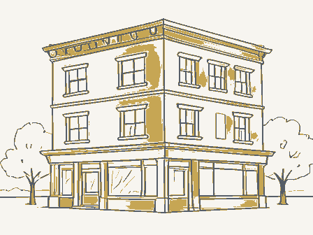 Decorative drawing: a three-storey commercial block with shopfronts below and windows above. Not a photograph of this place.