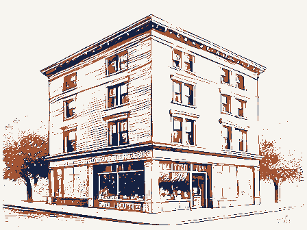 Decorative drawing: a three-storey commercial block with shopfronts below and windows above. Not a photograph of this place.