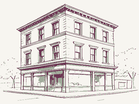 Decorative drawing: a three-storey commercial block with shopfronts below and windows above. Not a photograph of this place.