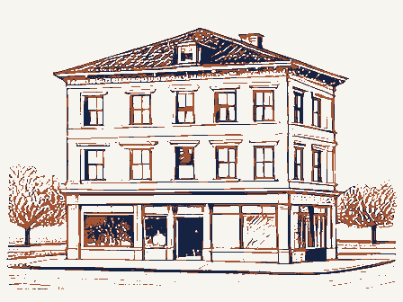 Decorative drawing: a three-storey commercial block with shopfronts below and windows above. Not a photograph of this place.