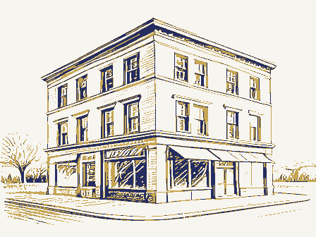 Decorative drawing: a three-storey commercial block with shopfronts below and windows above. Not a photograph of this place.