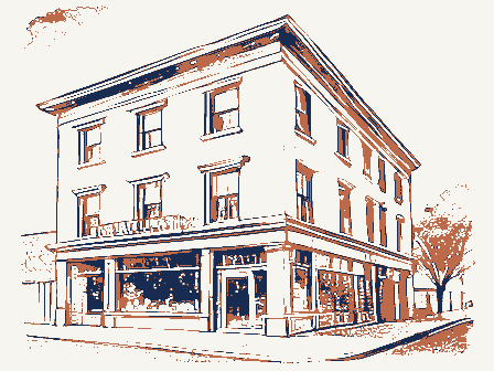 Decorative drawing: a three-storey commercial block with shopfronts below and windows above. Not a photograph of this place.