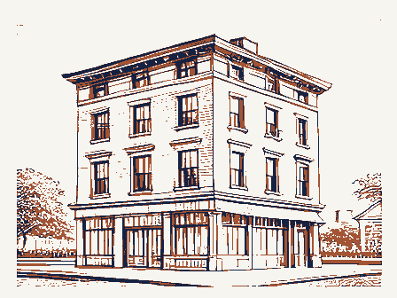 Decorative drawing: a three-storey commercial block with shopfronts below and windows above. Not a photograph of this place.