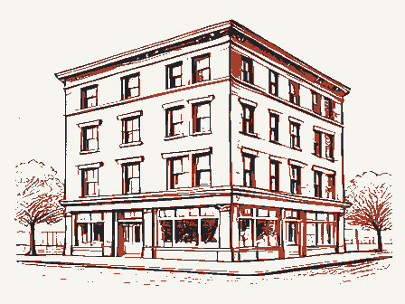 Decorative drawing: a three-storey commercial block with shopfronts below and windows above. Not a photograph of this place.