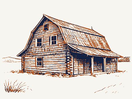 Decorative drawing: a large timber barn with a gambrel roof. Not a photograph of this place.