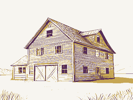 Decorative drawing: a large timber barn with a gambrel roof. Not a photograph of this place.