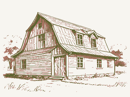 Decorative drawing: a large timber barn with a gambrel roof. Not a photograph of this place.