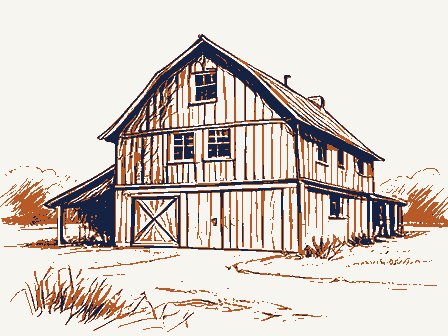 Decorative drawing: a large timber barn with a gambrel roof. Not a photograph of this place.