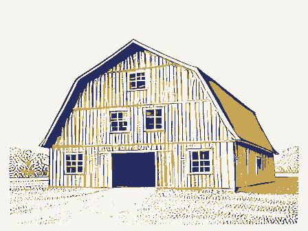 Decorative drawing: a large timber barn with a gambrel roof. Not a photograph of this place.