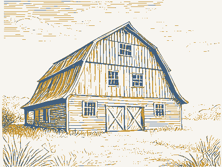Decorative drawing: a large timber barn with a gambrel roof. Not a photograph of this place.