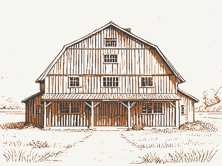 Decorative drawing: a large timber barn with a gambrel roof. Not a photograph of this place.