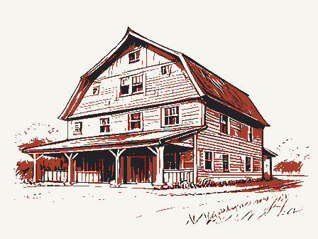 Decorative drawing: a large timber barn with a gambrel roof. Not a photograph of this place.