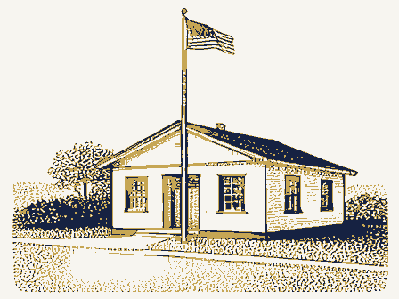 Decorative drawing: a modest post office building with a flagpole. Not a photograph of this place.