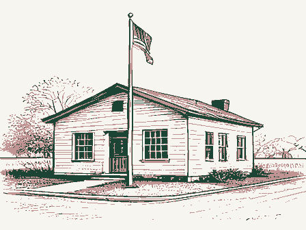 Decorative drawing: a modest post office building with a flagpole. Not a photograph of this place.