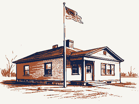 Decorative drawing: a modest post office building with a flagpole. Not a photograph of this place.