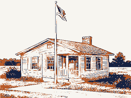 Decorative drawing: a modest post office building with a flagpole. Not a photograph of this place.