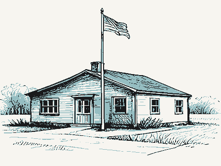 Decorative drawing: a modest post office building with a flagpole. Not a photograph of this place.