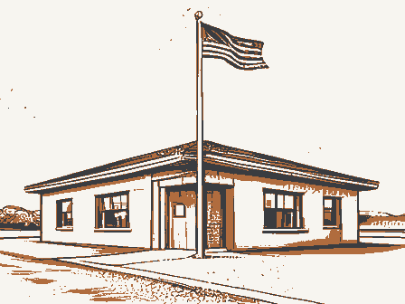 Decorative drawing: a modest post office building with a flagpole. Not a photograph of this place.