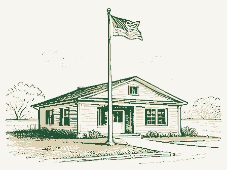 Decorative drawing: a modest post office building with a flagpole. Not a photograph of this place.