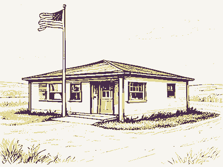 Decorative drawing: a modest post office building with a flagpole. Not a photograph of this place.