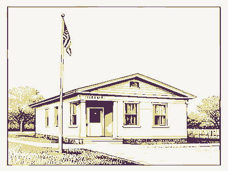Decorative drawing: a modest post office building with a flagpole. Not a photograph of this place.