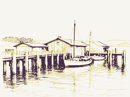 Decorative drawing: a working wharf with pilings, sheds and moored boats. Not a photograph of this place.