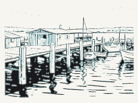 Decorative drawing: a working wharf with pilings, sheds and moored boats. Not a photograph of this place.