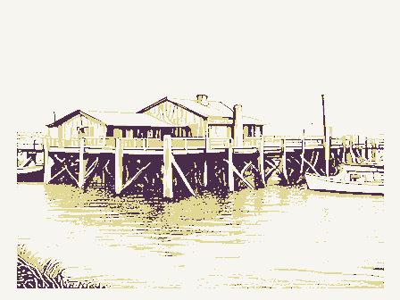 Decorative drawing: a working wharf with pilings, sheds and moored boats. Not a photograph of this place.