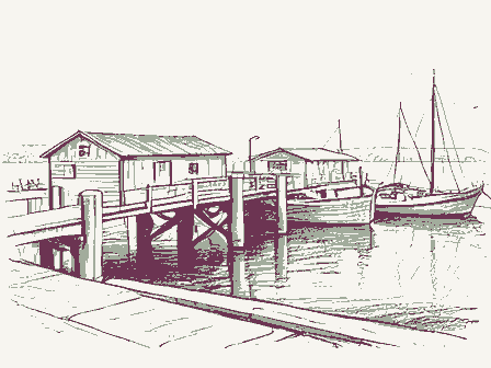 Decorative drawing: a working wharf with pilings, sheds and moored boats. Not a photograph of this place.