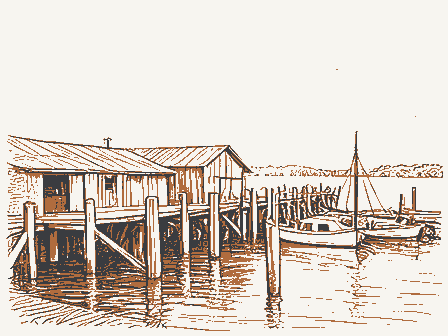 Decorative drawing: a working wharf with pilings, sheds and moored boats. Not a photograph of this place.