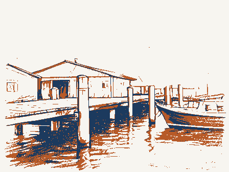 Decorative drawing: a working wharf with pilings, sheds and moored boats. Not a photograph of this place.
