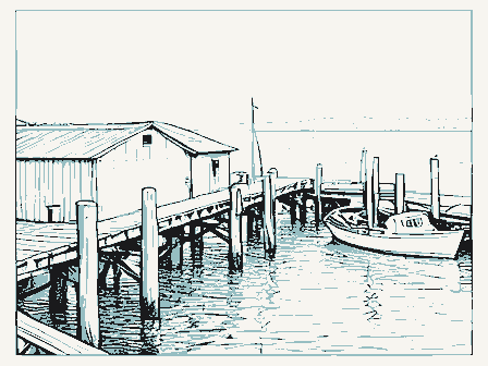 Decorative drawing: a working wharf with pilings, sheds and moored boats. Not a photograph of this place.