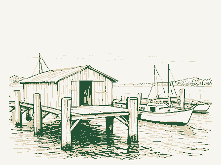 Decorative drawing: a working wharf with pilings, sheds and moored boats. Not a photograph of this place.