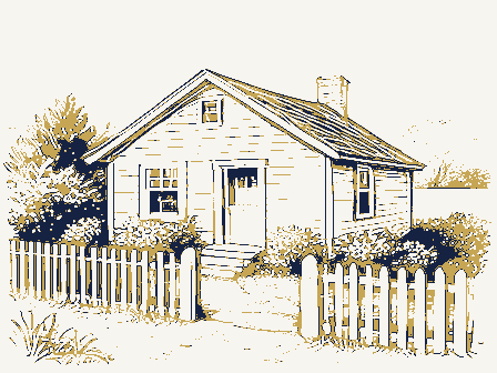 Decorative drawing: a small cottage with a picket fence and a garden. Not a photograph of this place.