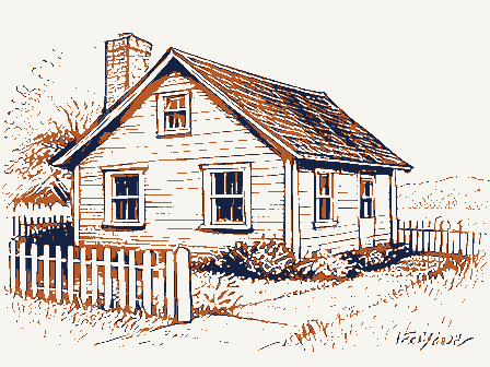Decorative drawing: a small cottage with a picket fence and a garden. Not a photograph of this place.