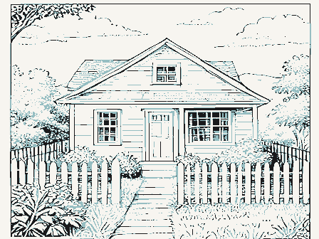 Decorative drawing: a small cottage with a picket fence and a garden. Not a photograph of this place.