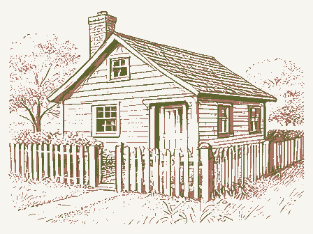 Decorative drawing: a small cottage with a picket fence and a garden. Not a photograph of this place.