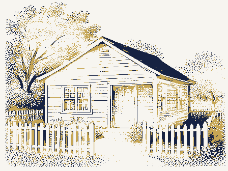 Decorative drawing: a small cottage with a picket fence and a garden. Not a photograph of this place.