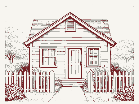 Decorative drawing: a small cottage with a picket fence and a garden. Not a photograph of this place.