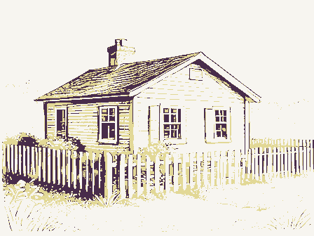 Decorative drawing: a small cottage with a picket fence and a garden. Not a photograph of this place.