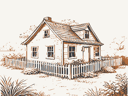 Decorative drawing: a small cottage with a picket fence and a garden. Not a photograph of this place.