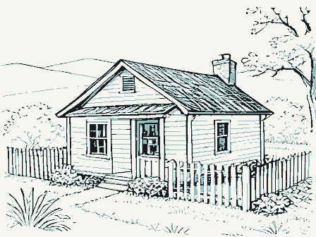 Decorative drawing: a small cottage with a picket fence and a garden. Not a photograph of this place.