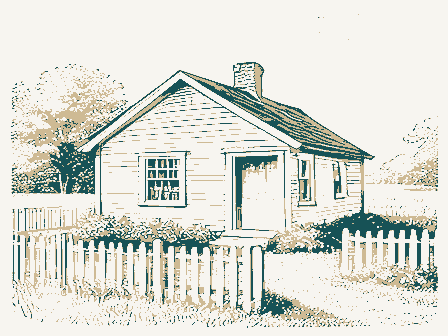 Decorative drawing: a small cottage with a picket fence and a garden. Not a photograph of this place.
